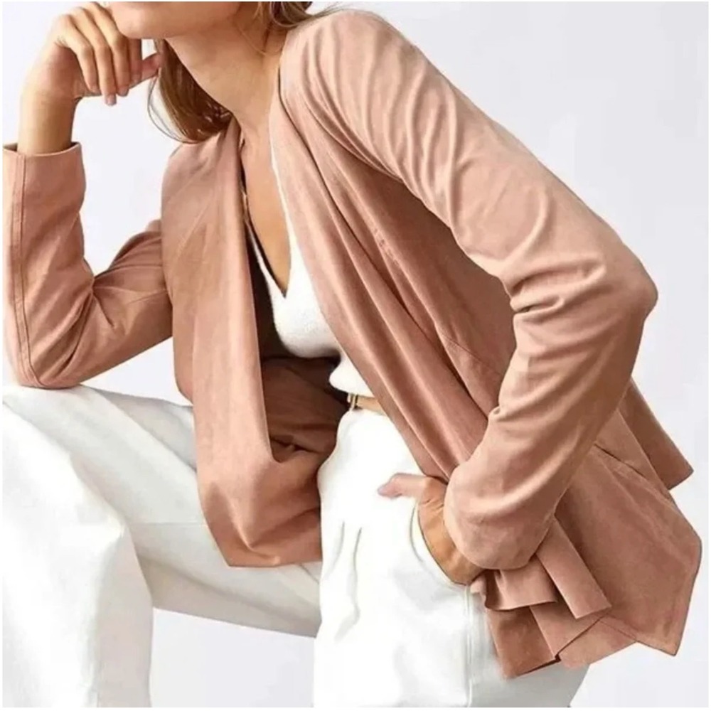 Hutch Anthropologie Faux Vegan Suede Blush Pink Open Front Draped Jacket Women M - Picture 4 of 10